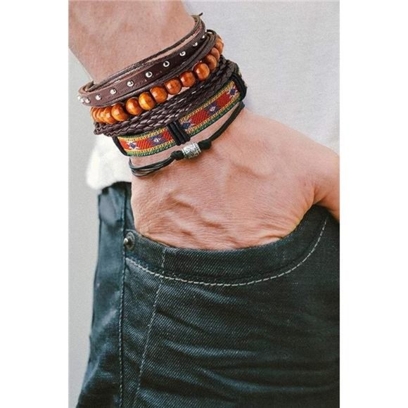 18Pcs Leather Bead Tribal Bracelet for Men Women Charm Ethnic Wood Beaded - Picture 3 of 6